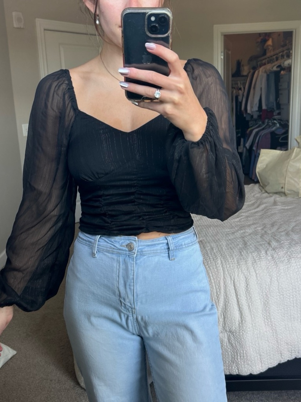 SO Black Sheer Puff-Sleeve Ruched Bodice Top